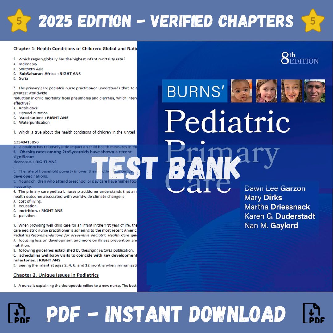 Test Bank – Burns’ Pediatric Primary Care, 8th Edition (Lee Garzon, 2024)-Guide Bank Pro