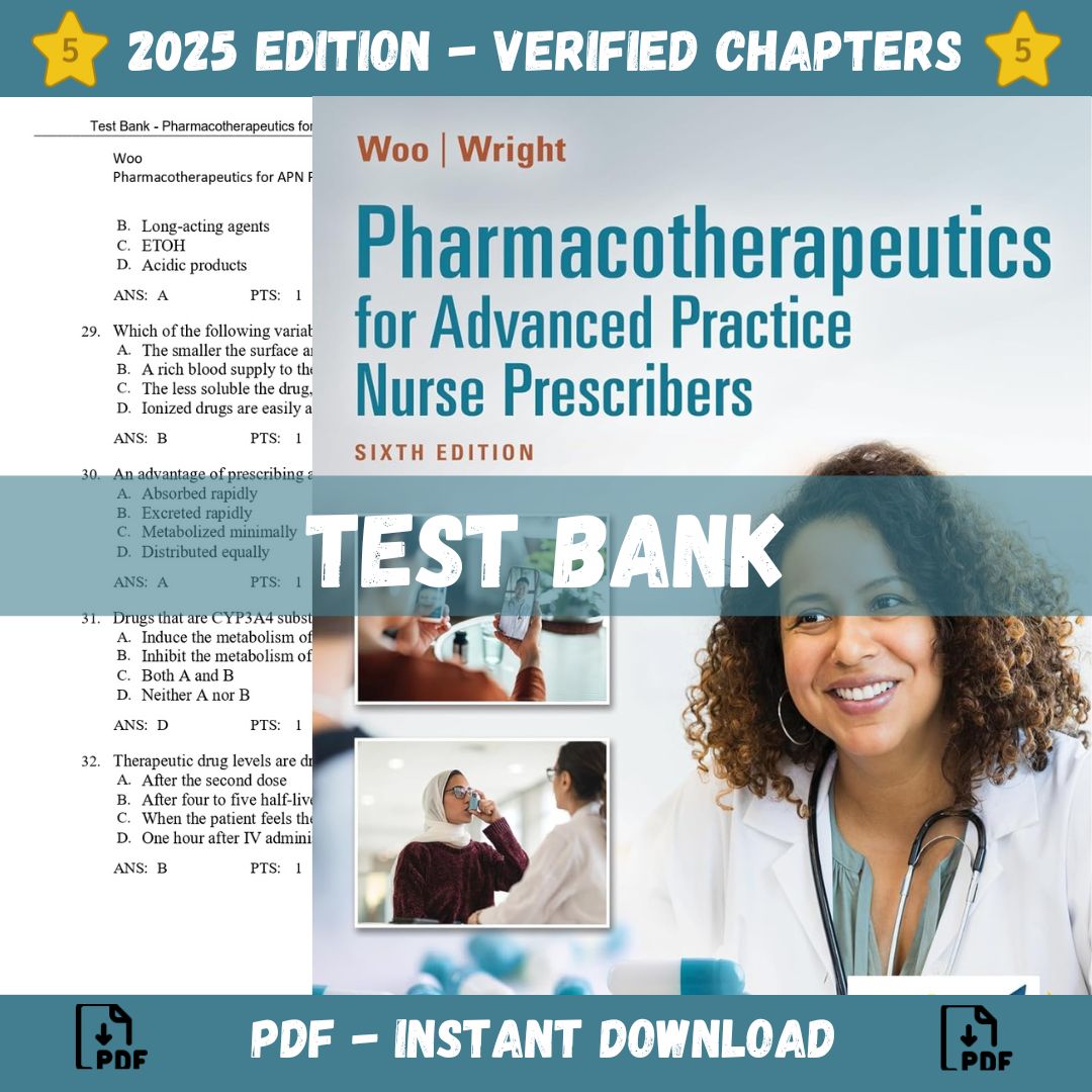 Test Bank – Pharmacotherapeutics for Advanced Practice Nurse Prescribers, 6th Edition (Woo, 2024)-Guide Bank Pro