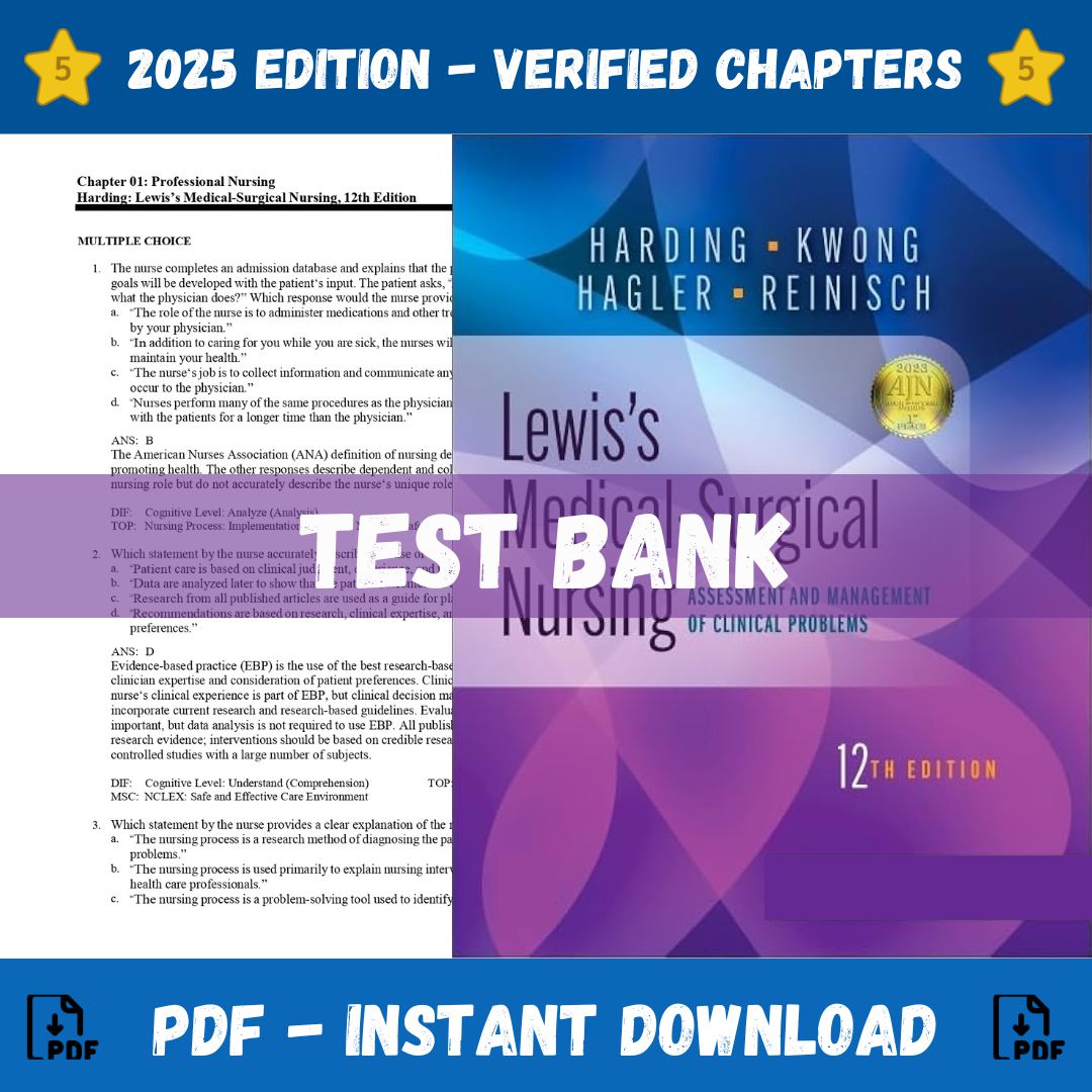 Test bank – Lewis’s Medical-Surgical Nursing 12th Edition (Harding, 2023)-Guide Bank Pro