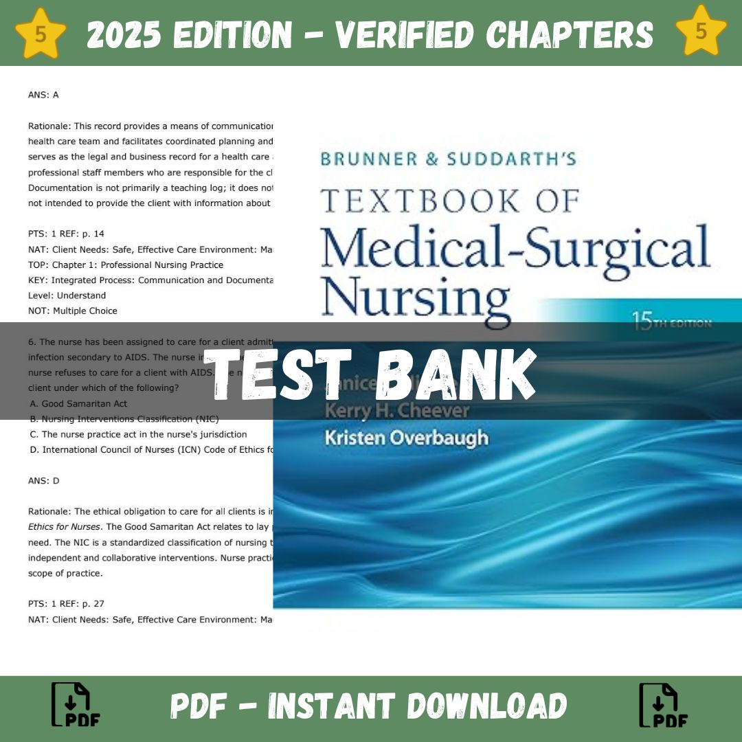 Test Bank – Brunner & Suddarth’s Textbook of Medical-Surgical Nursing, 15th Edition, (Janice L Hinkle, 2023)-Guide Bank Pro