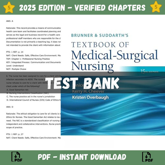 Test Bank – Brunner & Suddarth’s Textbook of Medical-Surgical Nursing, 15th Edition, (Janice L Hinkle, 2023)-Guide Bank Pro