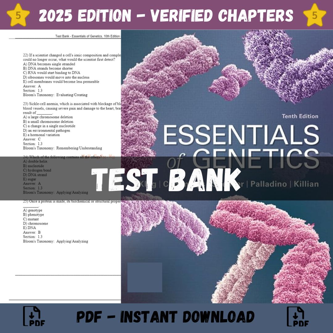 Test Bank – Essentials of Genetics, 10th Edition (Klug, 2020)-Guide Bank Pro