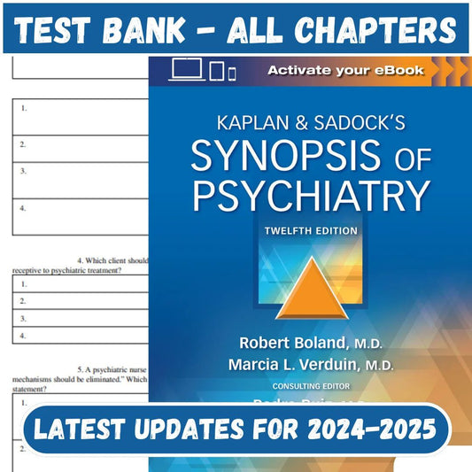 Test Bank For Kaplan & Sadock’s Synopsis of Psychiatry 12th Edition by Robert Boland-Guide Bank Pro