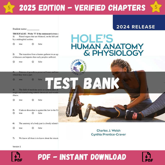 Test Bank – Hole’s Human Anatomy & Physiology 16th Edition (Welsh, 2024)-Guide Bank Pro